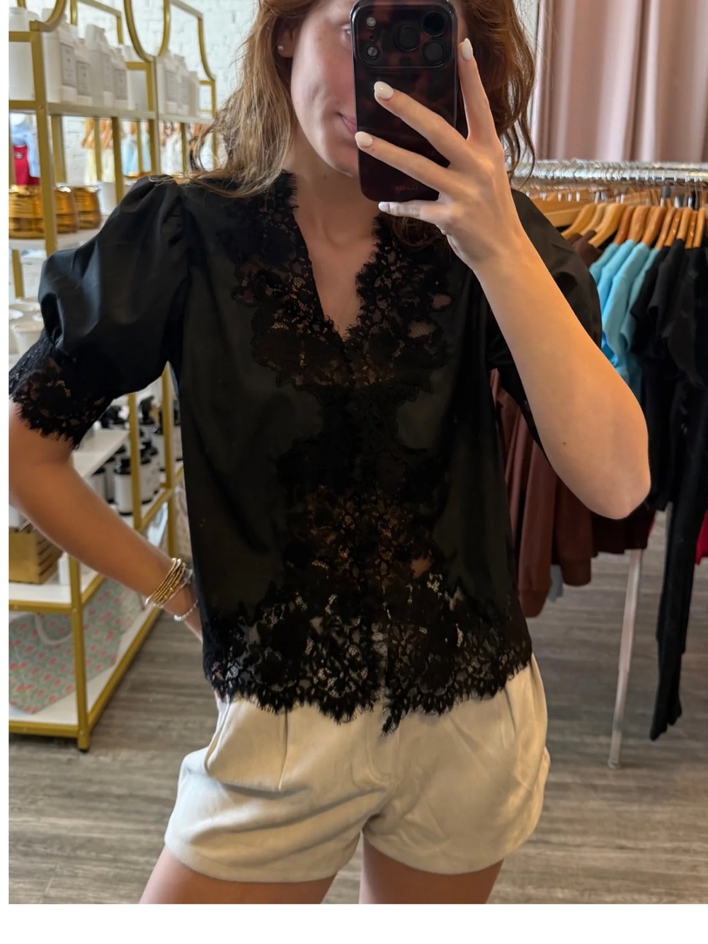 New with tags Black Lace Trim Puff Sleeve Top